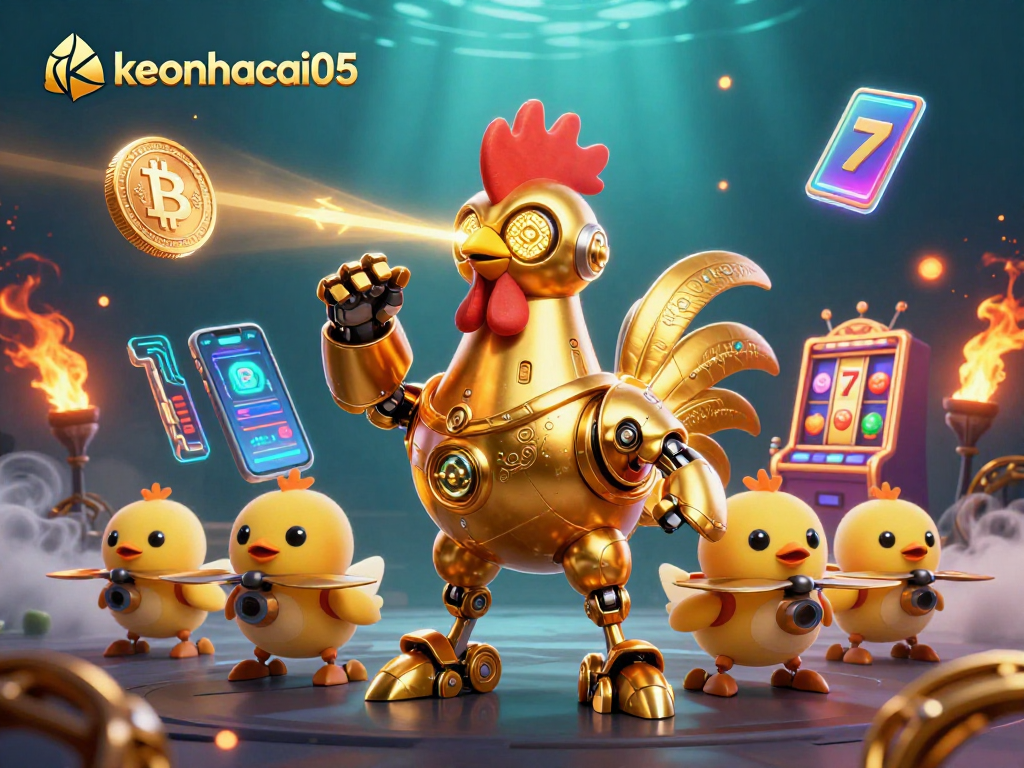 Experience the thrill of keonhacai05 with our dazzling retro-futuristic casino robot illustration.