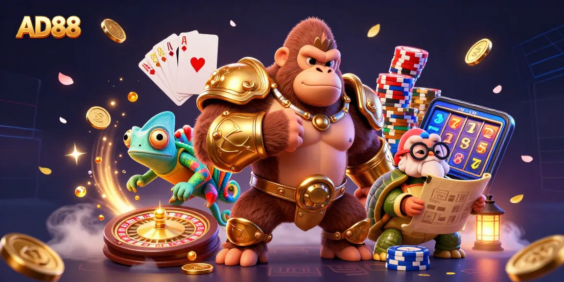 AD88 engages players with dynamic gambling action featuring a gorilla king and colorful casino elements.