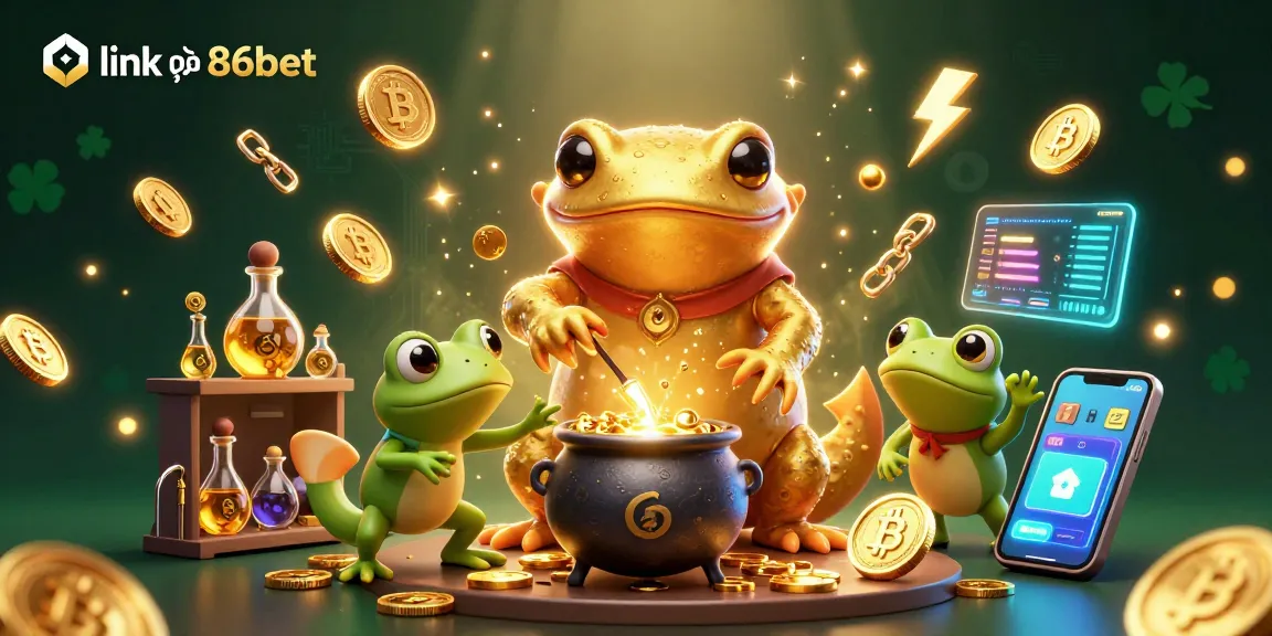 Engage with link vào 86bet through a vibrant 3D casino scene featuring alchemist characters transmuting gold.
