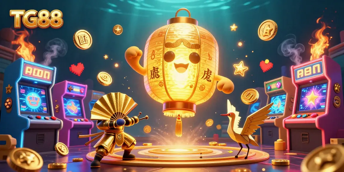 Experience the excitement of TG88 with vibrant arcade games and a golden lantern spirit in a dynamic casino scene.