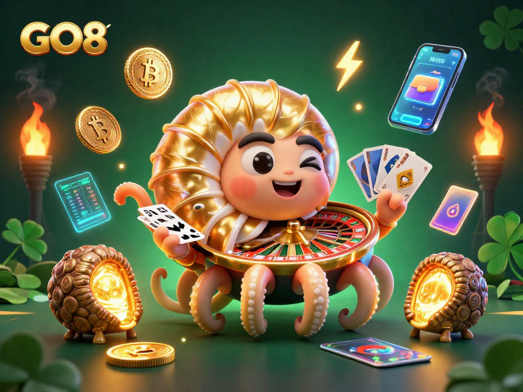 Engage with GO8's dynamic gaming scene featuring a giant nautilus roulette wheel and glowing crypto elements.