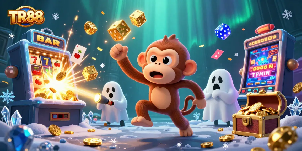 Experience thrilling jackpots at TR88 with a mischievous monkey and ghost-hunter puppy in a vibrant casino scene.