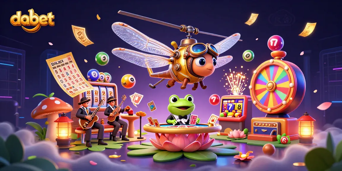 dabet brings the fun to life with a vibrant 3D casino scene filled with games and excitement, showcasing a dragonfly pilot and a frog croupier.