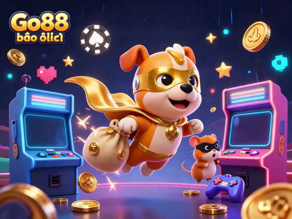 Experience Go88 bảo mật with a casino-inspired 3D superhero dog illustration showcasing vibrant gaming elements.