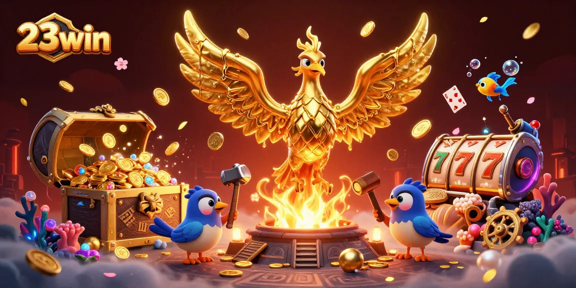 Experience the thrill of 23win with a dynamic golden phoenix illustration, showcasing vibrant casino elements.