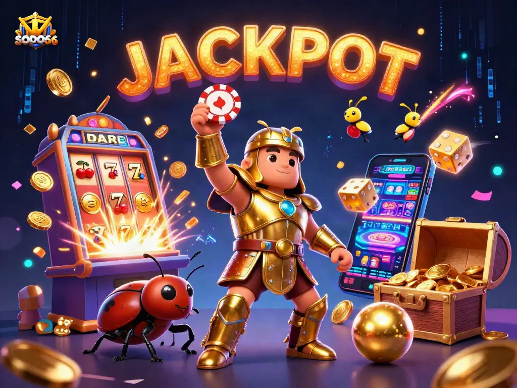 SODO66 features a gladiator beetle celebrating a casino jackpot with dynamic gaming elements.