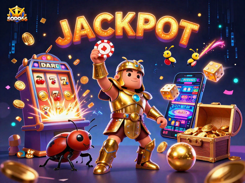 SODO66 features a gladiator beetle celebrating a casino jackpot with dynamic gaming elements.