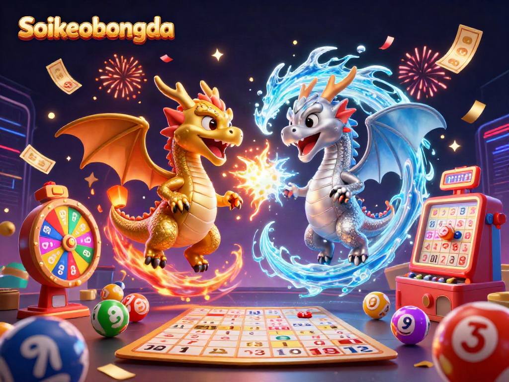 Soikeobongda interactive illustration of gold and silver dragons with lottery elements, evoking excitement.