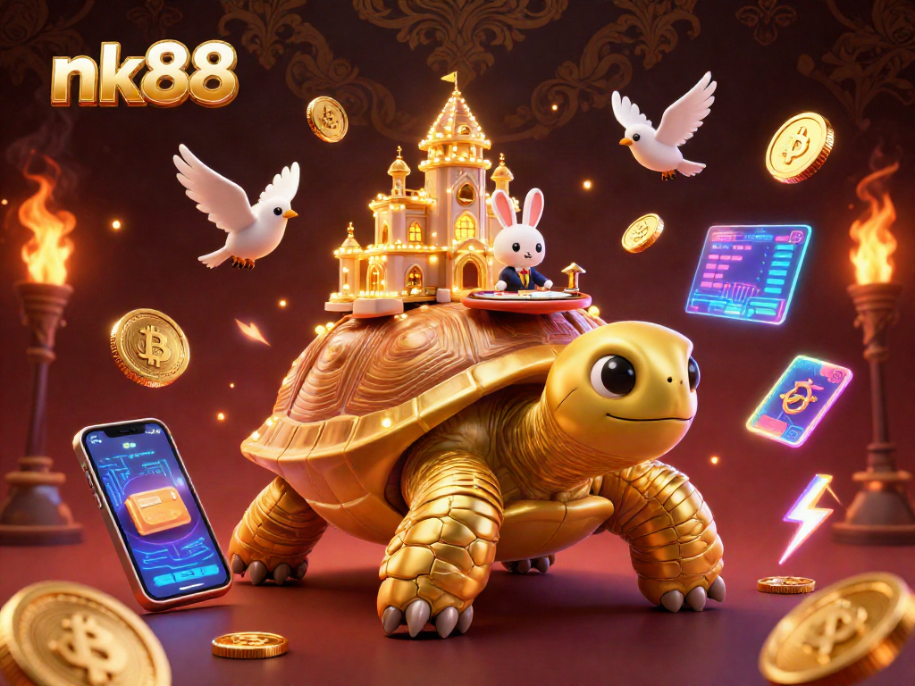 Engage with nk88’s vibrant casino scene featuring a tortoise palace and golden coins