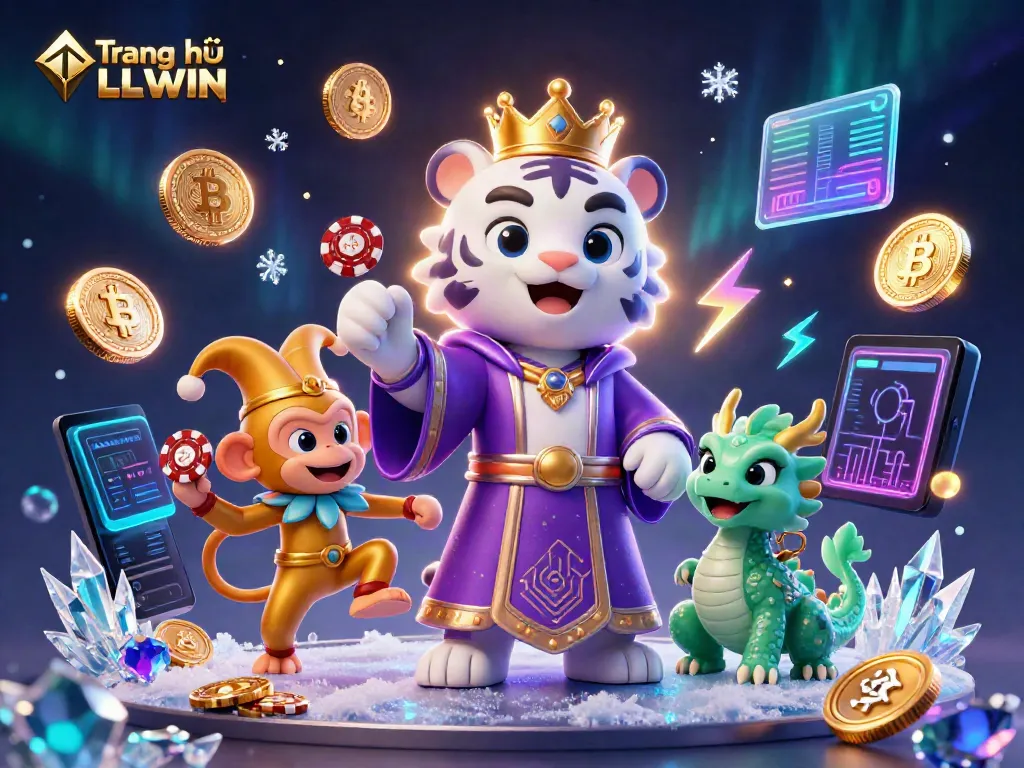 Experience the vibrant world of Trang chủ LLWIN featuring a royal tiger, golden monkey, and jade dragon amidst glowing cryptocurrency elements.