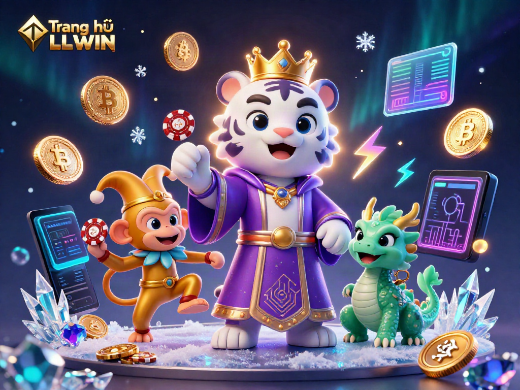 Experience the vibrant world of Trang chủ LLWIN featuring a royal tiger, golden monkey, and jade dragon amidst glowing cryptocurrency elements.