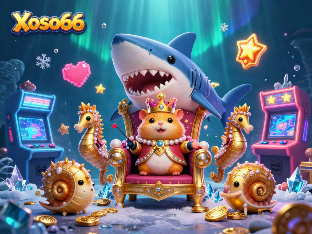 Xoso66 features an exciting golden hamster king in a casino-themed 3D scene filled with vibrant game elements.