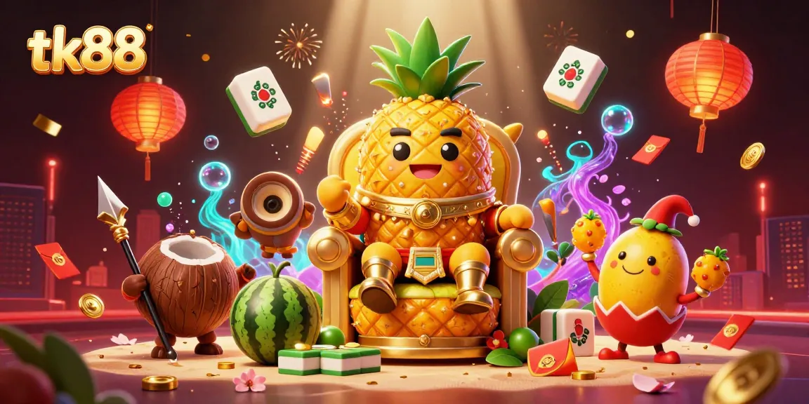 Experience the vibrant world of tk88 with a golden pineapple king at a tropical casino.