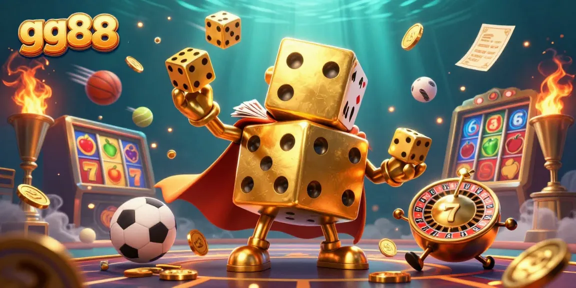 Engage with gg88 in this vibrant 3D illustration featuring dynamic dice, slots, and sports elements.
