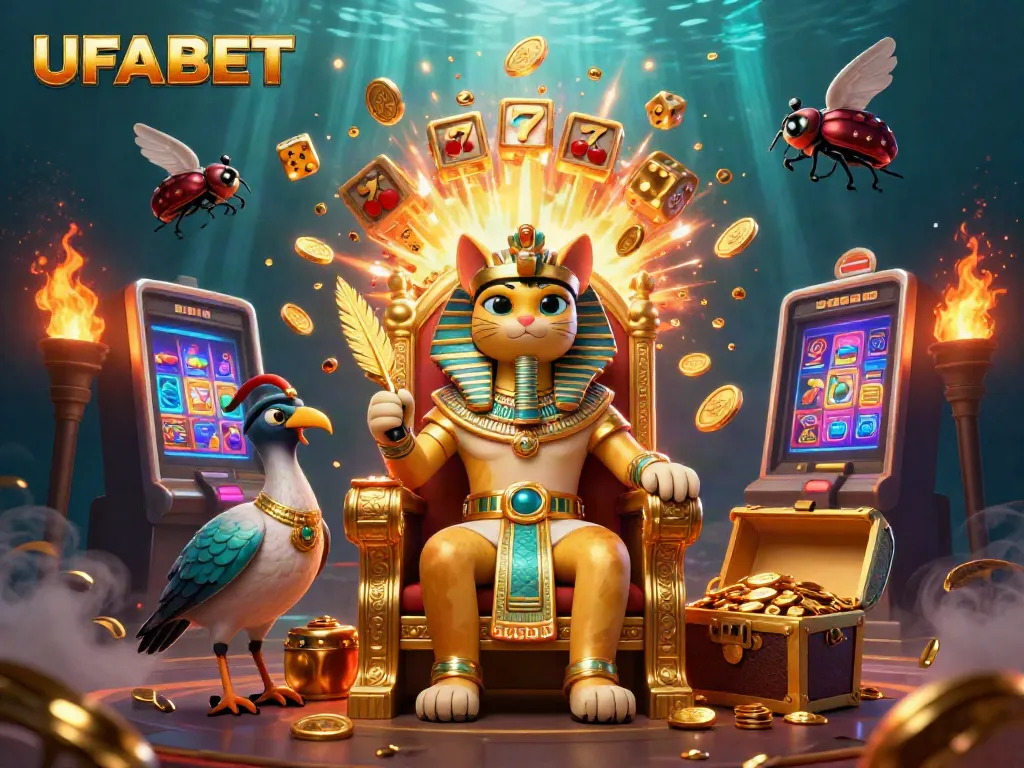 Experience UFABET's gaming excitement with a 3D pharaoh cat, slots, and vibrant casino elements.