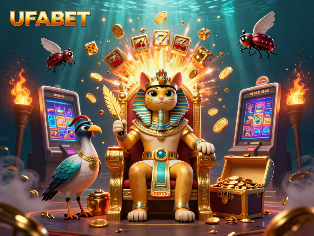 Experience UFABET's gaming excitement with a 3D pharaoh cat, slots, and vibrant casino elements.