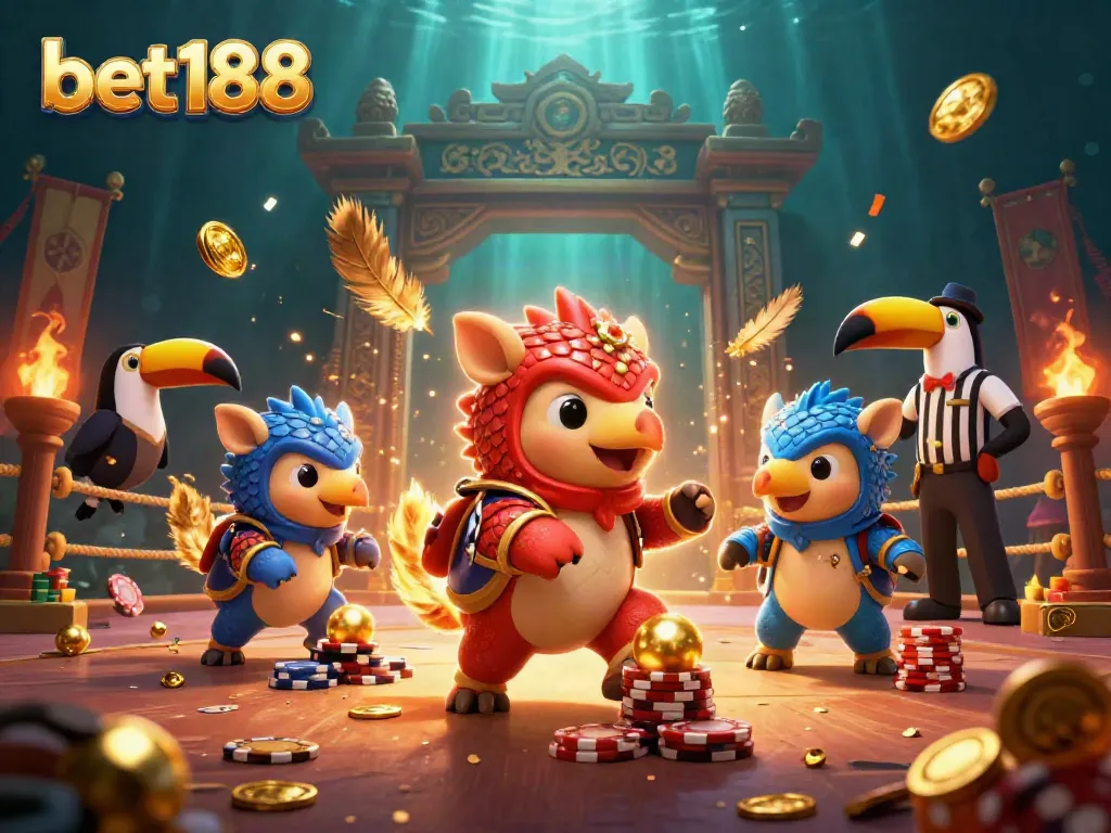 Experience intense gaming action with bet188 as rival pangolins roll through poker chips in a vibrant casino scene.