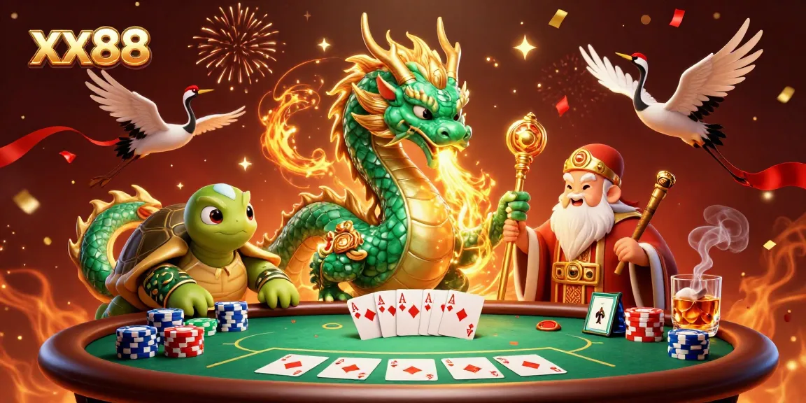 Experience the thrilling gameplay of xx88 casino with a vibrant dragon, turtle sage, and lucky cranes.