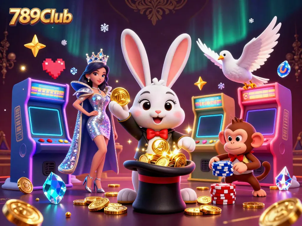 Experience the thrills of 789Club with a dynamic scene of characters and casino elements.