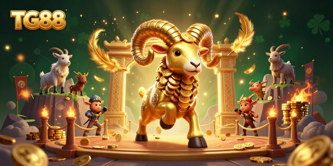 TG88 showcases a dynamic 3D scene with a golden ram charging through a vibrant casino setting filled with game elements.