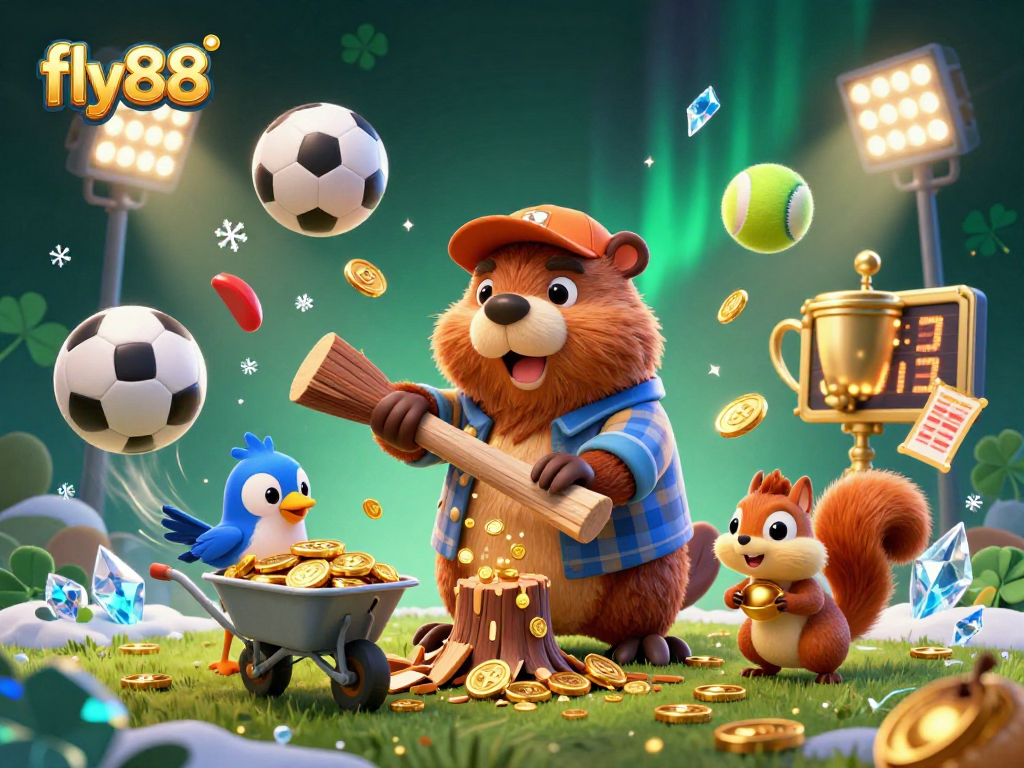 Experience endless fun with fly88 as animated characters collect coins in a vibrant casino scene.