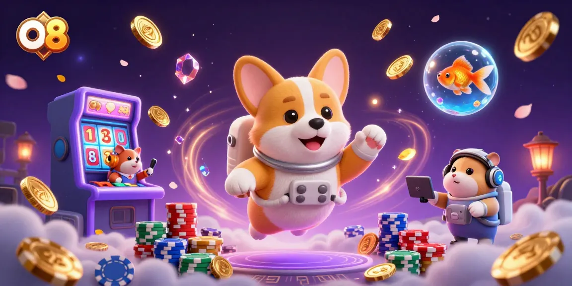 Experience the thrilling O8 casino adventure with a corgi astronaut in a space station filled with floating poker chips.