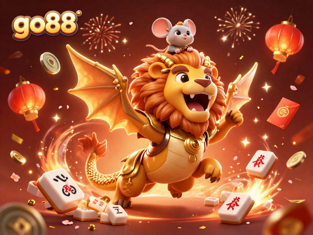 Engage with go88's thrilling 3D casino world featuring a majestic chimera and exciting game elements.