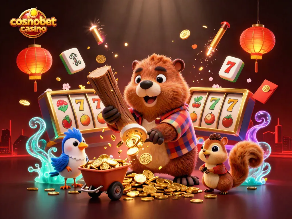 Experience the excitement of cosmobet casino with vibrant characters amidst gold and game elements.