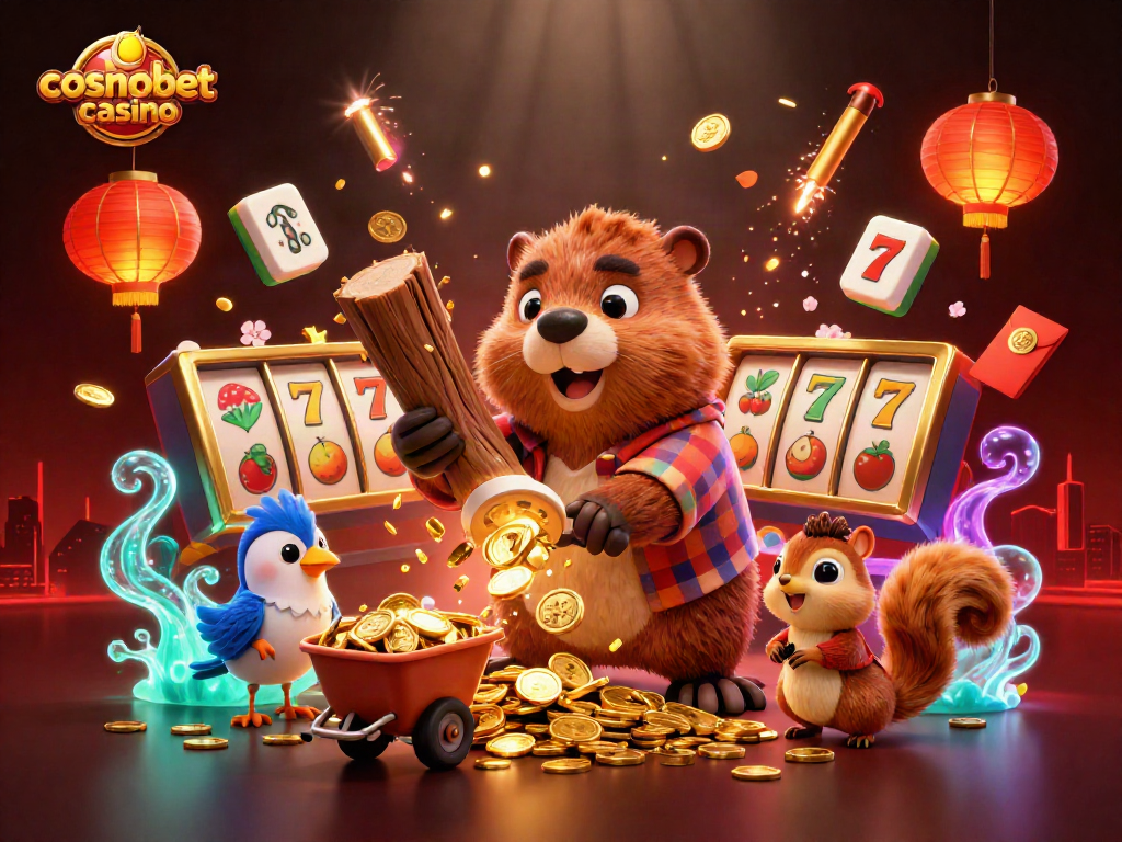 Experience the excitement of cosmobet casino with vibrant characters amidst gold and game elements.