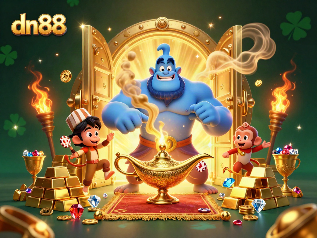 Engage with dn88 through a vibrant 3D casino scene showcasing a genie, monkey, and treasures.