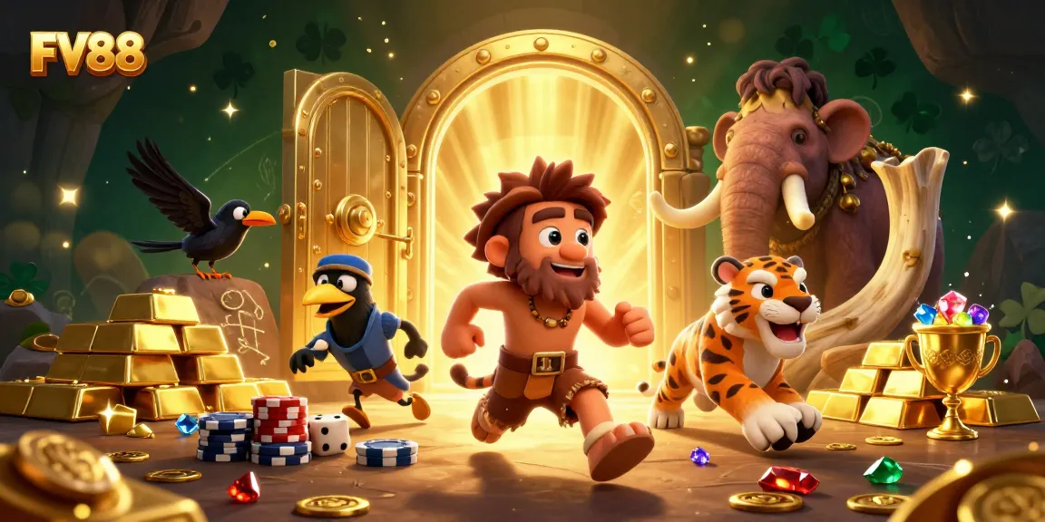 Experience thrilling gameplay at FV88 casino with engaging 3D characters in vibrant illustration.