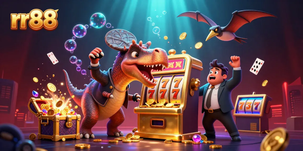 rr88 showcases a vibrant scene of exciting casino action with a dinosaur headbutting a golden slot machine.