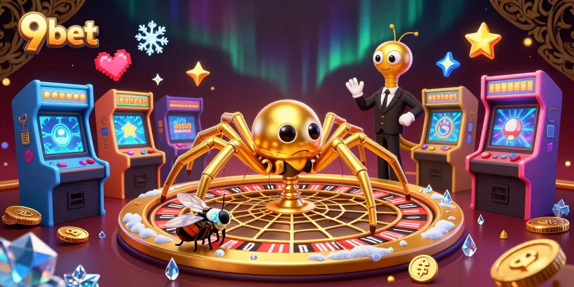 Experience thrilling bets with 9bet as a golden spider spins a roulette wheel web in this vibrant casino scene.