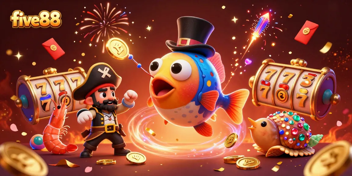 Experience thrilling wins with five88 in this vivid 3D casino illustration featuring dynamic game elements.