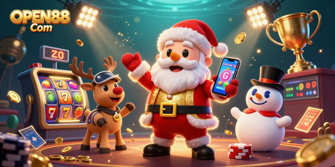 Experience exciting gaming thrills with OPEN88 Com as Santa and friends celebrate jackpots in this dynamic illustration.