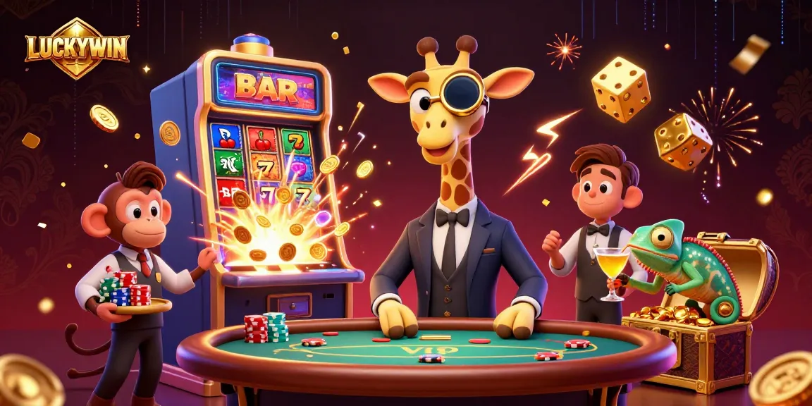 Spin jackpots at LUCKYWIN with a vibrant casino scene featuring exciting characters and games.