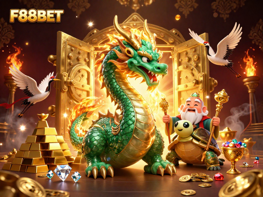 Engage with F88BET's exciting gaming universe featuring a jade dragon and wealth-filled treasures.