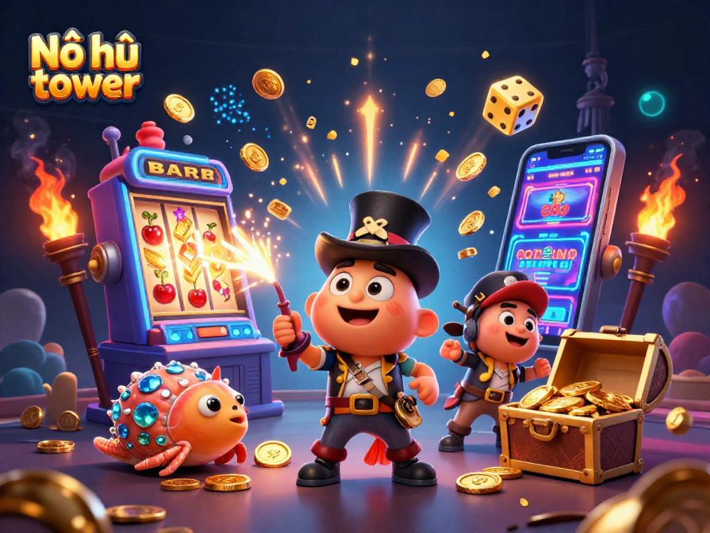 Engage in the thrilling Nổ hũ tower experience with cartoon anglerfish attracting coins amid jackpot excitement.
