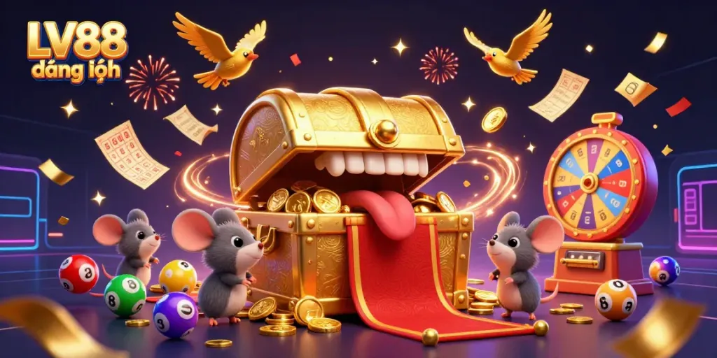Experience the excitement of LV88 đăng nhập, as animated treasures entice mice in a vibrant casino scene.