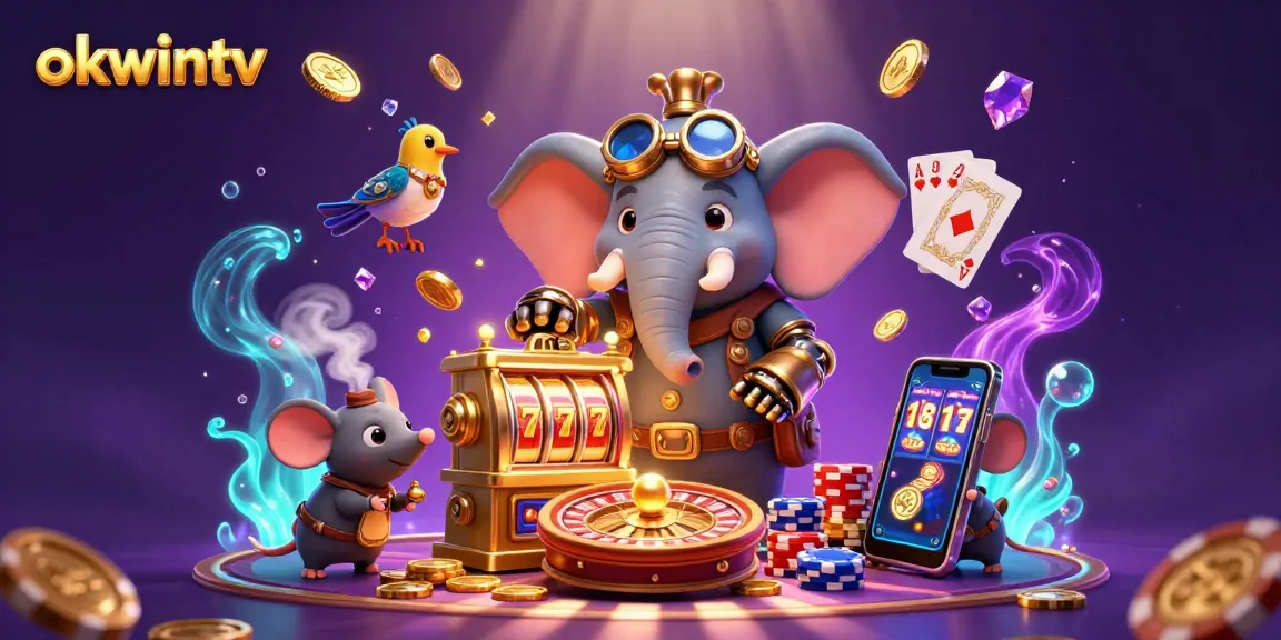 Experience the excitement of okwintv with a vibrant casino-themed illustration featuring a steampunk elephant and dynamic gaming elements.