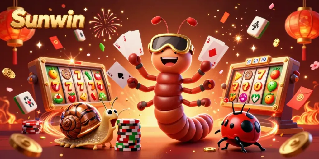 Experience the thrill of Sunwin with a lively 3D casino illustration featuring colorful characters and dynamic game elements.