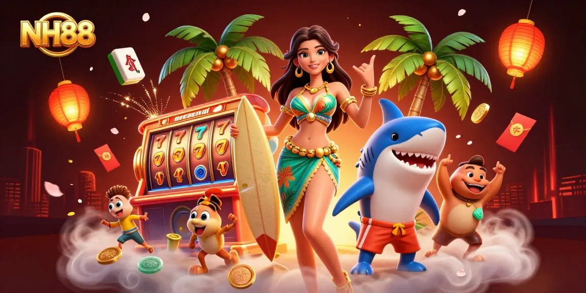 Experience exhilarating gaming at NH88 with dynamic slot reels and glowing symbols in a vibrant illustration.