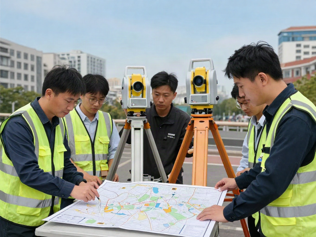 Land Surveyors London conducting a topographical survey with advanced equipment in an urban environment.