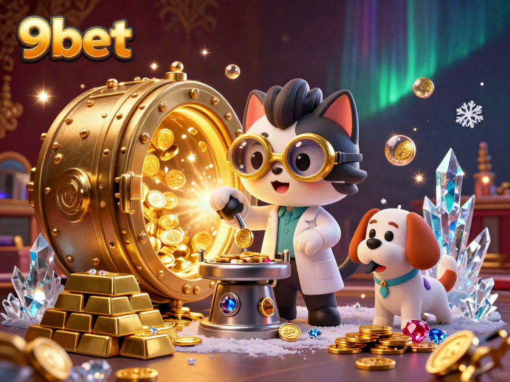 Experience the excitement of 9bet with a lively illustration of a mad scientist cat and dog in a bustling casino lab.