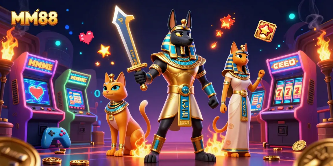 Experience the thrill of MM88 as Anubis and Bastet navigate a rich casino backdrop.