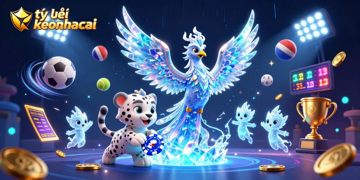 Engage with tỷ lệ keonhacai through a dynamic sports betting scene featuring a fantastical ice phoenix and vibrant elements.