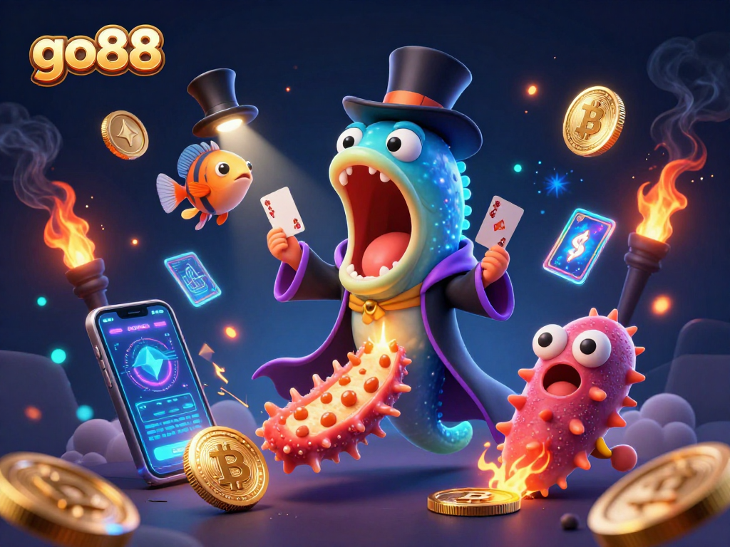 Experience thrilling action with go88 as a deep-sea eel performs tricks amidst glowing crypto coins.