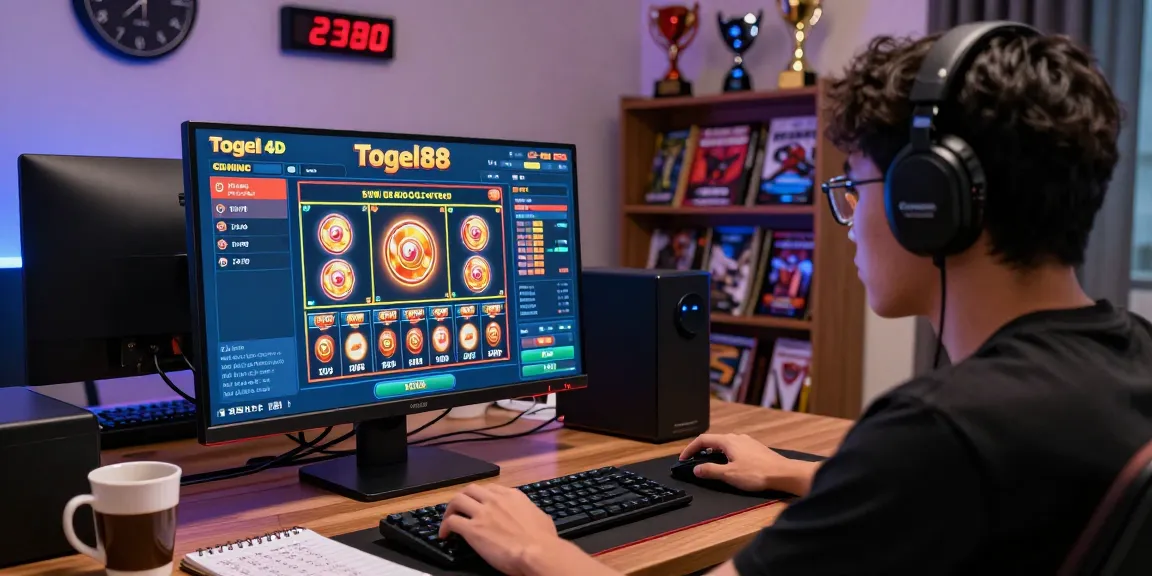Engaged player at home enjoying Bandar Togel 4D Resmi Togel88 gaming with vivid digital interface and personal gaming setup, conveying excitement and focus.