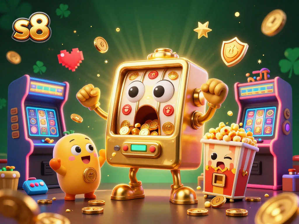 S8 slot machine celebrates a jackpot win with cheering companions in a vibrant casino scene