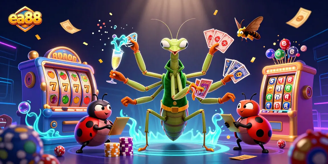 ea88 engaging players with a lively scene of a mantis card sharp and ladybug pit boss amid vibrant slot reels and golden tickets